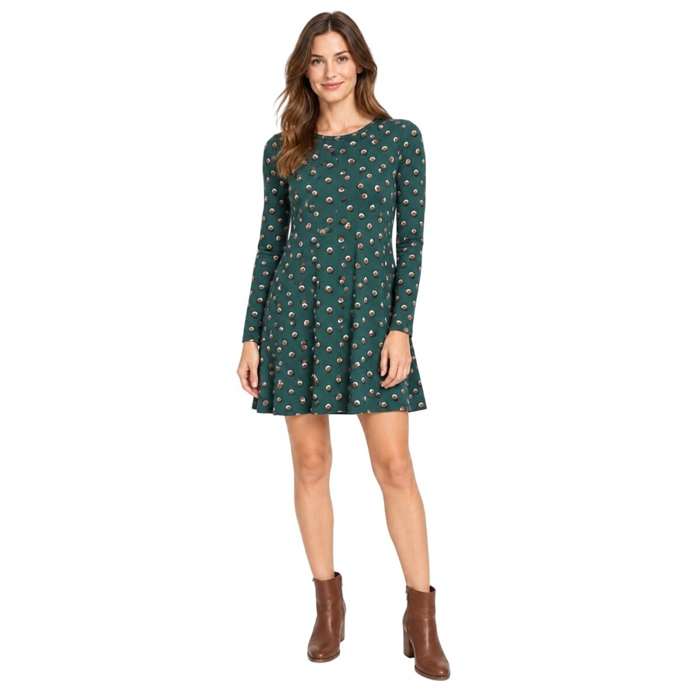 Boden Green Polka Dot Long Sleeve Fit & Flare Mini Dress US 6R
